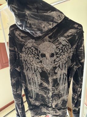 Sinful Black Tie-Dye Velour Zip Hoodie with Embellished Back